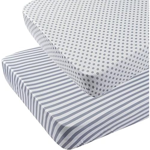 Onacosht Pack n Play Sheets 2 Pack Stretchy Jersey Knit Playard Fitted Sheets Portable Mini Crib Sheets Set, Convertible Playard Mattress Cover, White and Grey, Stripes and Dots