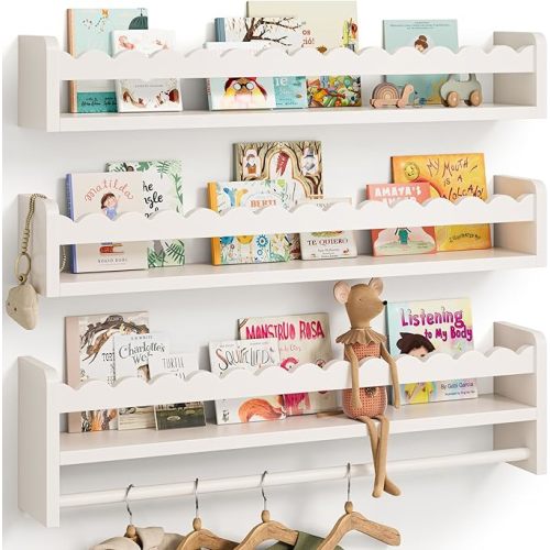 Nursery Book Shelves, Scalloped Shelves, Floating Book Shelves for Wall, Nursery Deocr for Baby, Toddler (White, 23 Inches)