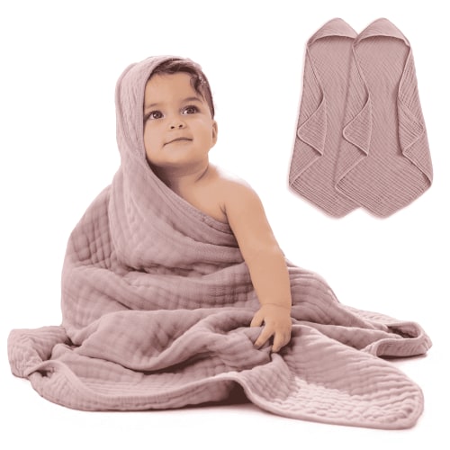 Comfy Cubs Hooded Baby Towels 2-Pack, Large 32" x 32" - 6 Layer, 100% Muslin Cotton, Mauve