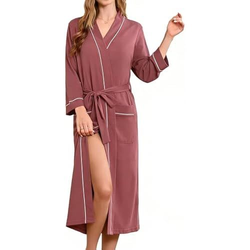 Womens 100% Cotton Robe, Soft Kimono Spa Long Bathrobe Lightweight Loungewear