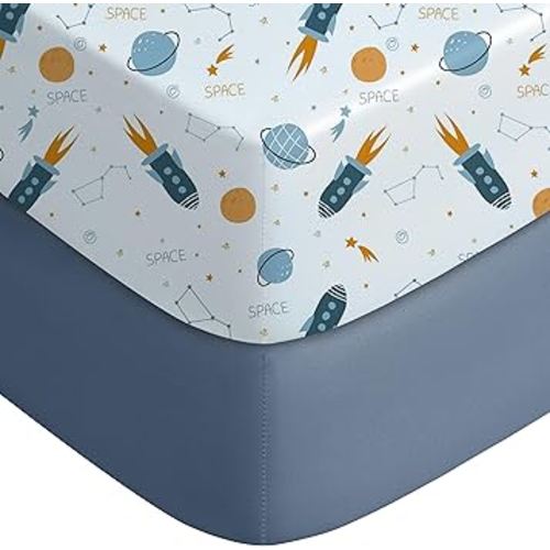 Yoofoss Pack and Play Sheets Fitted, Mini Crib Sheets 2-Pack for Pack N Play Mattress, Stretchy Playard Sheet, Soft and Breathable Blue Rocket