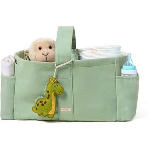 Folkulture Baby Diaper Caddy | Cotton Diaper Bag for Kids - Stylish Comfort Spacious Travel Essential Cart | Nursery Storage Bin and Car Organizer for Diapers, Wipes - (Sage Green - 15")