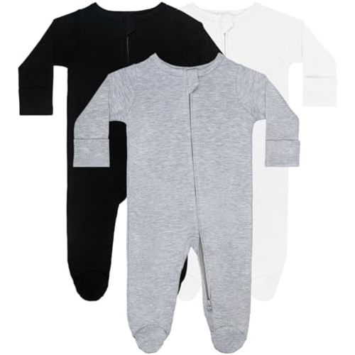 GUISBY Long Sleeve Baby Footed Pajamas with Mittens Cotton Sleepers with Zipper 3-Pack