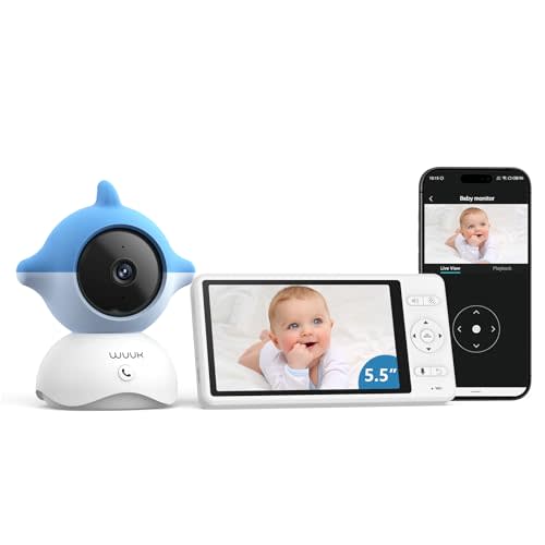 WUUK Video Baby Monitor, 5.5'' Baby Monitor with 360 PTZ Color Display with 135° Wider Viewing Angle, Night Vision, 1000ft Long Range, 2K Baby Camera with App, One-Touch Call, White Noise, Lullabies