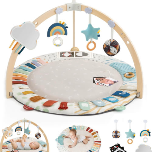 Blissful Diary Baby Play Gym & Activity Mat, 5 Developmental Zones Wooden Tummy Time Mat with 6 Detachable Sensory Toys for Motor Skills & Sensory Development, Baby Essentials Shower Gift