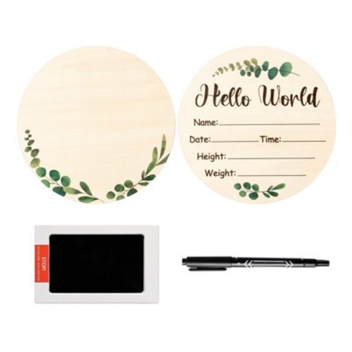 Taosunzt Baby Birth Announcement Sign with Marker Pen Wooden Baby Birth Sign with No-Residue Ink Pad for Hand Footprints Newborn Keepsake Record Baby's Birth Details 1 Set