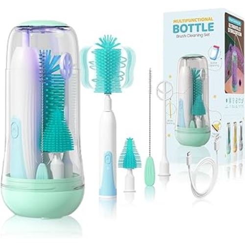 Electric Travel Baby Bottle Brush Set with Storage Box, Automatic Bottle Cleaner Brush Kit with Silicone Bottle/Nipple/Straw Brush, Milk Frother Electric and Drainage Rack, Rechargeable, Green