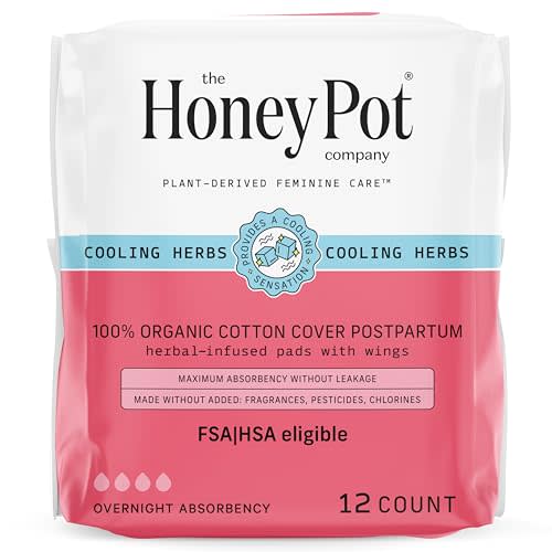 The Honey Pot Company - Herbal Postpartum Pads w/Wings - Infused w/Essential Oils for Cooling Effect, Organic Cotton Cover, & Ultra-Absorbent - 12ct