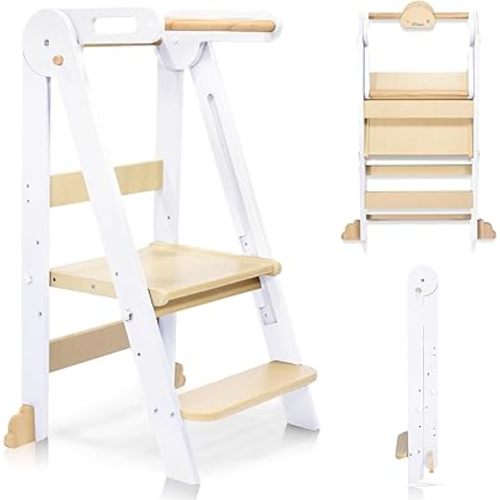Foldable Toddler Kitchen Wood Step Stool with Hook, Pre-Assembled Wooden Folding Montessori Learning Helper for Kids, Standing Tower with 3 Adjustable Height Stepping for Counter Sink-White