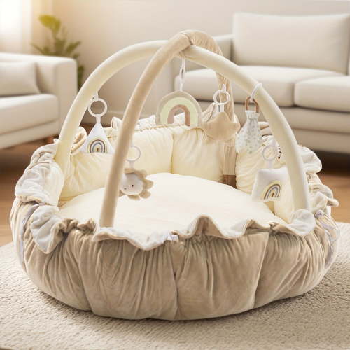 5-in-1 Thick & Plush Baby Play Gym, Baby Play Mats for Floor, Tummy Time Mat with 6 Toys, Bed, Dog Bed, Convertible Stage-Based Developmental From Baby to Toddler, Ball Pit, Pet Cushion Cloudico