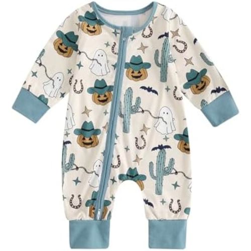 FIOMVA Baby Boy Girl Halloween Outfit Newborn Boo Pumpkin Romper Infant Long Sleeve Jumpsuit Western Fall Winter Clothes