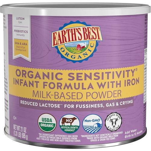 Earth's Best Organic Sensitive Baby Formula for Babies 0-12 Months, Reduced Lactose Powdered Infant Formula with Iron, Omega-3 DHA, and Omega-6 ARA, 21 oz Formula Container