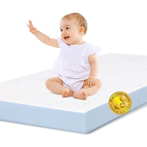 BABELIO Toddler Mattress for Crib Memory Foam 2 Stage Standard Size, with Removable Waterproof Cover Blue and White
