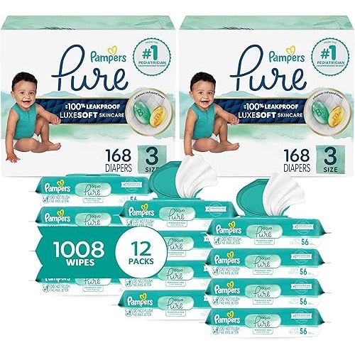 Pampers Pure Protection Disposable Baby Diapers Size 3, 2 Month Supply (2 x 168 Count) with Aqua Pure Sensitive Baby Wipes, 12X Pop-Top Packs (672 Count)