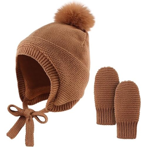 Basic Winter Baby Beanie Gloves Boys Girls Knitted Hat Pompom Kids Earflap Hats Warm Infant Toddler Beanie Mittens Set