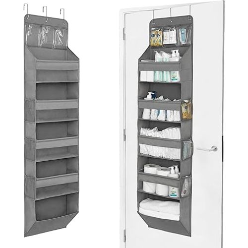 Heavy Duty Over The Door Organizer Hanging Storage – 6-Tier Behind The Door Storage with 5 Large, 6 Side & 3 PVC Pockets – 50 lbs Hanging Organizer for Closet, Nursery, Bathroom – 1 Pack, Gray