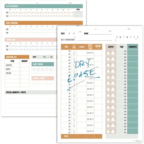 Baby Feeding Schedule Chart and Infant Diaper Tracker - 2 Dry Erase Posters for Nursing and for Daycare, Nanny or Babysitter Log. 12x17 inch Reusable Baby Tracker Posters. Made in USA.