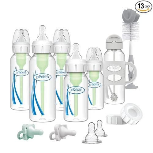Dr. Brown's Anti-Colic Options+ Narrow Bottle Gift Set with Sippy Straw Bottle, HappyPaci Silicone Pacifiers, Storage/Travel Caps, and Bottle Brush, Green/Gray
