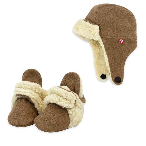 Heather Mocha Cozie Furry Trapper Hat and Booties Set | Zutano