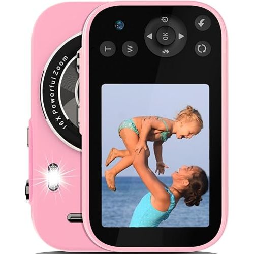 Digital Camera, 4K Autofocus Vlogging Camera for Kids with 16x Zoom Anti Shake, Flash and 48MP Point, Kid Camera with 32GB SD Card, Lanyard, Portable Toy Kids (Pink)