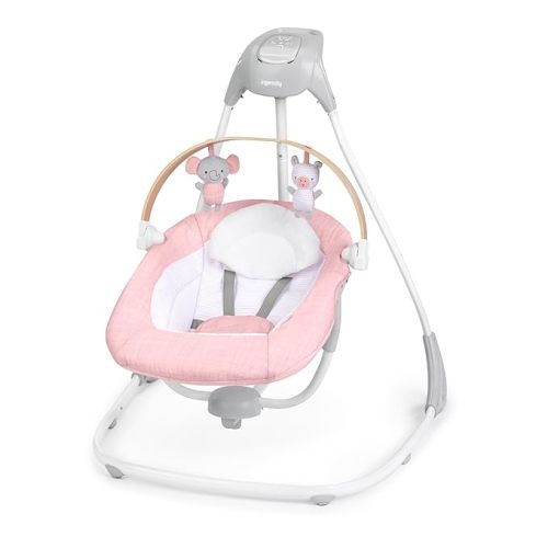 Ingenuity SimpleComfort Compact Baby Swing, Rotating Seat Swings in 3 Directions, 6 Speeds, 8 Melodies & 3 Nature Sounds, Ages 0-9 Months, Up to 20 Pounds - Pink