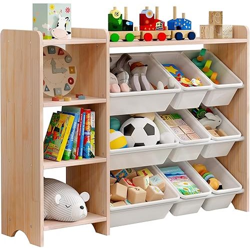 MallBest 4-Tier Kids' Toy Storage Organizer Shelf - 100% Solid Wood,Children's Storage Cabinet with 9 Plastic Bins and and 3 Storage Ports (Varnish-Single Color)