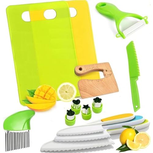 13 Pieces Kids Kitchen Knife for Real Cooking，Safe Tools with Wood Kids Knife, Serrated Edges Plastic Toddler Knives, Crinkle Cutter, Sandwich Cutter, Y Peeler & Cutting Boards