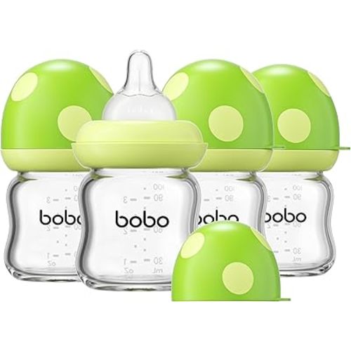 YOHKOH Natural Glass Baby Bottle with Natural Response Nipple, Newborn Anti-Colic Baby Bottles, Wide Neck Mushroom Cap Baby Bottle, Clear (Green, 3.4oz (Pack of 4))