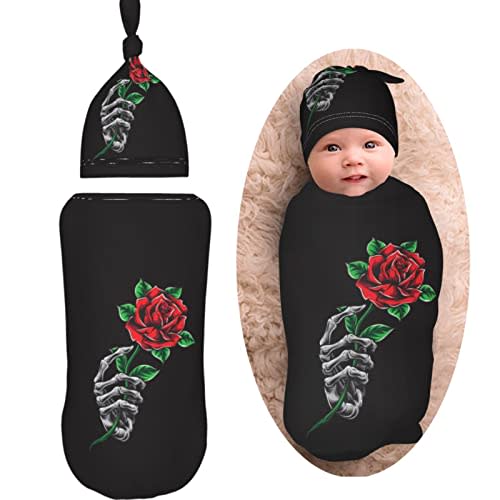 AuHomea Skeleton Hand Holding Rose Newborn Swaddle Blanket Soft Unisex Infant Swaddle Wrap Blanket Baby Receiving Blanket with Beanie Hat for Boy and Girl