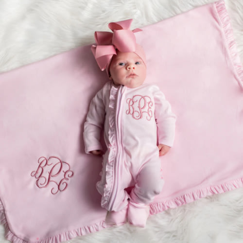 Personalized Baby Girl Ruffle Sleeper Set with Big Bow Headband - Ligh – Junie Grace