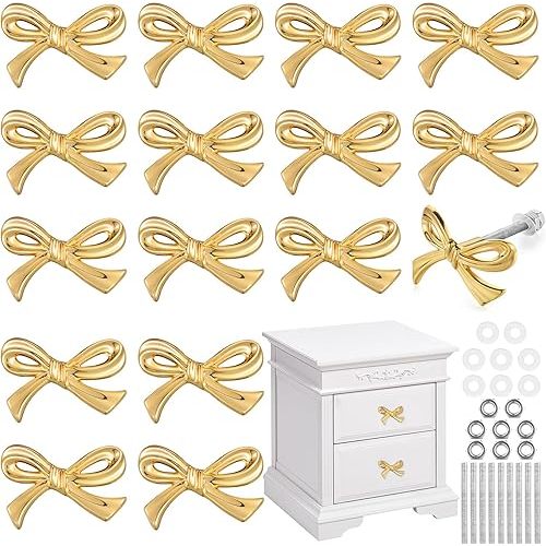 Bow Drawer Knobs Metal Bow Dresser Knobs Vintage Handles for Dresser Gold Handles for Home Bedroom Kitchen Cabinets Hardware Cupboard(Small Size,16 Pcs)