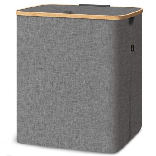 HOMLUX 4bu Laundry Hamper with Lid, Bamboo Pull Handles, Large Capacity, Internal Support, Gray