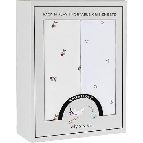 Ely's & Co. Patent Pending Waterproof Pack and Play Sheets, 100% Cotton with Waterproof Lining – 2 Pack Fitted Mini Crib Sheet Set, Berry and Cluster Dot (Lavender) 38” x 24”