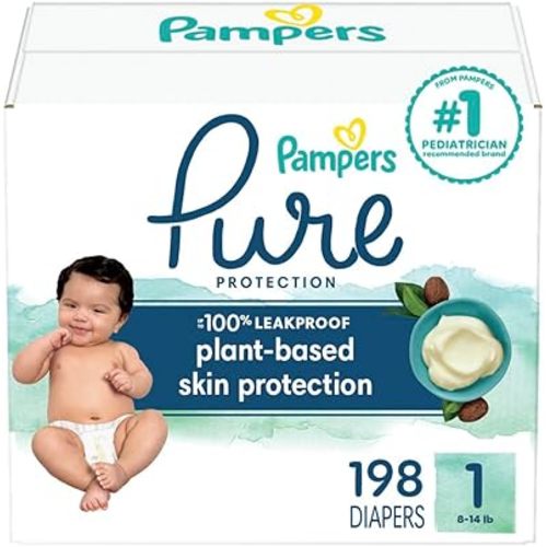 Pampers Baby Diapers - Pure Protection - Size 1, 198 Count, for up to 100% Leakproof, Premium Plant-based Skin Protection