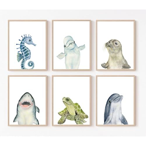 Wodkwq Nursery Wall Art Sea Animal Canvas Prints Baby Girl Boy Room Decor Watercolor Paintings Pictures Cute Ocean Theme Toddler Room Decoration Set of 6 for Kids Bedroom Bathroom 12x16in Unframed