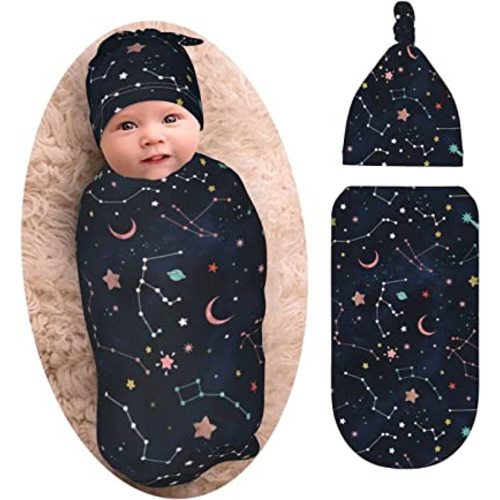 Space Galaxy Constellation Swaddle with Beanie Set, Soft and Stretchy Space Baby Stuff Blanket Swaddle Sleep Sack for Newborn Boy and Girl