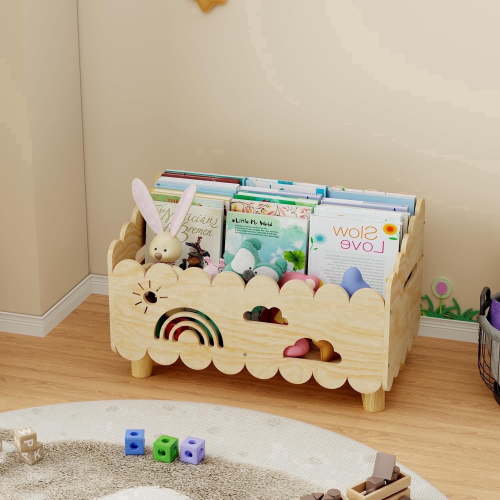Wood Kids Bookshelf, Montessori Bookshelf, With 2 Adjustable Dividers, Toy Storage, Toddler Book Rack, Nursery Book Shelves, Suitable Kids Rooms, Classroom - Big Size