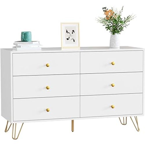 CARPETNAL White Dresser for Bedroom, 6 Drawer Dresser with Wide Drawers and Gold Metal Handles, Wood Dressers & Chest of Hallway, Entryway.