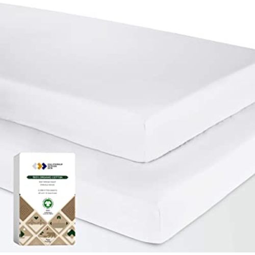 100% Organic Cotton Crib Sheets for Boys or Girls, Set of 2 Fitted Sheets, Cooling & Softest Baby Crib Sheets for Girl, Crib Mattress Sheet or Toddler Bed Sheets, Percale Weave (White)