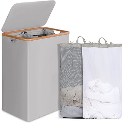 efluky Laundry Hamper with Lid, 160L Tall Laundry Basket with Bamboo Handles for Clothes and Toys, Collapsible Laundry Hamper with 2 Inner Bags for Bedroom and Bathroom, Dove Gray