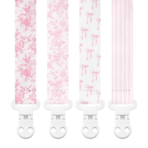 Stadela Baby Fabric Pacifier Clip Holder, Plastic Clip, 4‑Pack, Toile de Jouy Pattern, Giselle Set