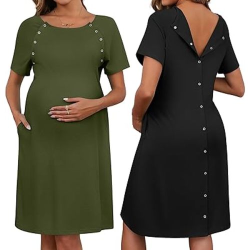 Huukeay 2 Pack Labor Delivery Nursing Hospital Gown Women's 35% Cotton Maternity Birthing Dress 3 In1 Breastfeeding Pajamas