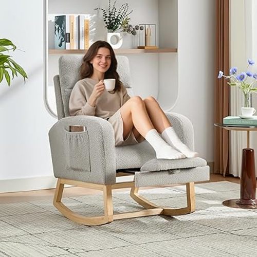 Rocking Chair Nursery, Nursing Rocking Chairs with Foot Rest for Mom Nursery,Rocker Glider Chair with High Backrest for Living Room, Bedroom, Upholstered Lounge Chair with Solid Wood Base for Relaxin