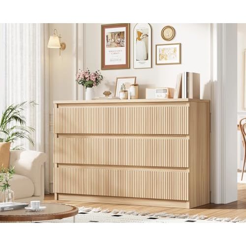 Jocoevol Oak 6 Drawer Dresser for Bedroom, Modern Fluted Dresser, Bedroom Dressers with Drawers, Large Double Wooden Chest of Drawers for Living Room, Hallway