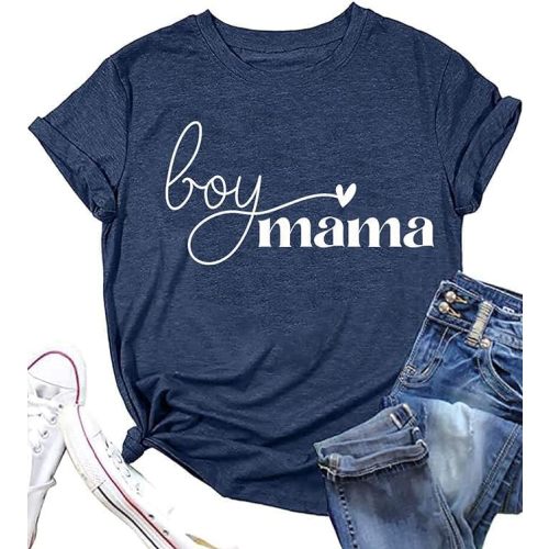 Mom Shirt for Women Boy Mama Letter Print Tshirt Rainbow Graphic Mama Top Mommy Casual Tee