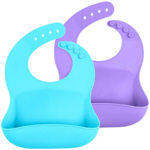 Weesprout Waterproof Silicone Baby Bibs, Pocket To Catch Food - Set Of 2 (purple, Blue)