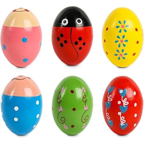 SallyFashion 6PCS Easter Wooden Egg Shakers, Maracas Percussion Musical Instruments for Easter Basket Stuffers Egg Fillers for Toddler Classroom Prize Supplies Noisemaker