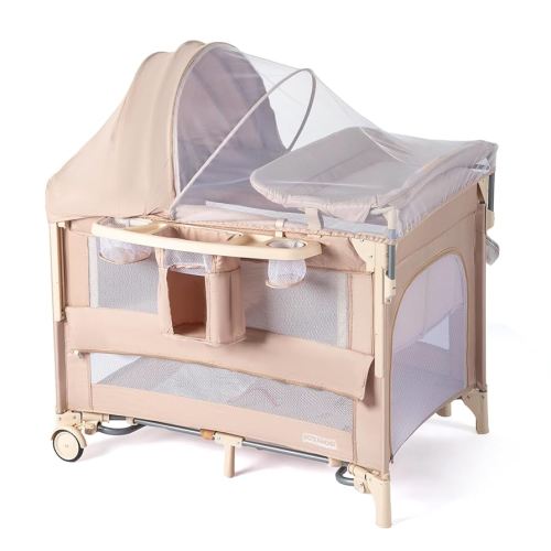 JOYMOR 9 in 1 Bedside Bassinet with Changing Table, Pack and Play with Bassinet, Convert to Rocking Baby Bed with Electric Music Center, Mosquito Net, Toy, Storage, Beige