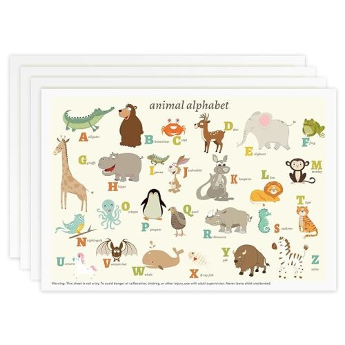 Babebay Disposable Stick-on Placemats 60 Pack for Baby & Kids & Toddler, Sticky Placemats Restaurant Table Mats 12" x 18" (Animal Alphabet) - Animal Alphabet Theme - 12x18 Inch (Pack of 60)