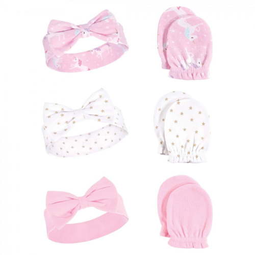 Hudson Baby Infant Girl Cotton Headband & Scratch Mitten Set Unicorn, 0-6 Months, 6-Piece